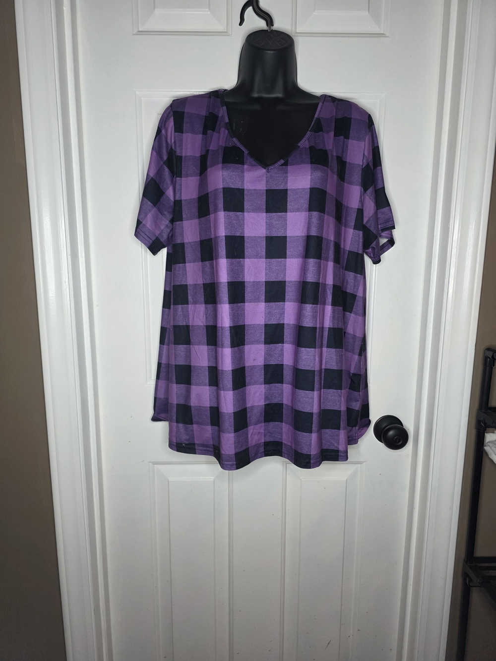 Women’s Unbranded Purple and Black Buffalo Plaid V-Neck Short Sleeve Tee